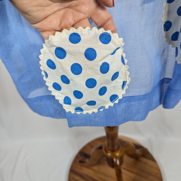 Gingham Girl Vintage Semi Sheer Tie Back Half Apron Pocket Polka Dot Blue 1970s - Picture 5 of 8